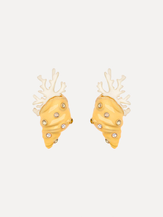 Enamel Seashell and Coral Earrings in the color Banana Yellow. Sculpted shell and coral forms. Adorned with rhinestones.