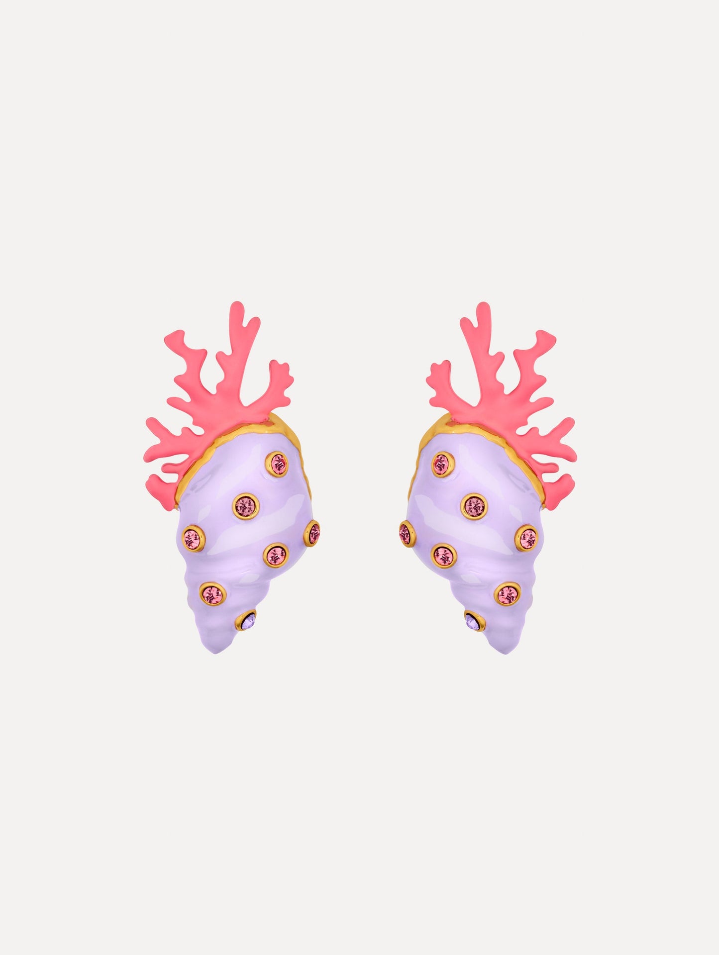 Enamel Seashell and Coral Earrings in the color Lilac Purple with Pink and Gold accents. Sculpted shell and coral forms. Adorned with rhinestones.