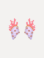 Enamel Seashell and Coral Earrings in the color Lilac Purple with Pink and Gold accents. Sculpted shell and coral forms. Adorned with rhinestones.