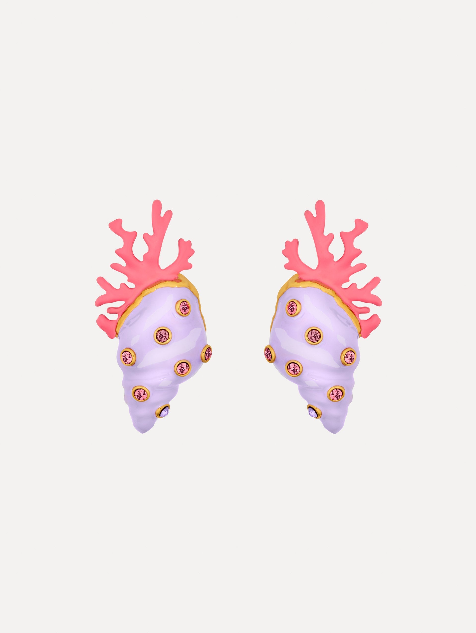 Enamel Seashell and Coral Earrings in the color Lilac Purple with Pink and Gold accents. Sculpted shell and coral forms. Adorned with rhinestones.