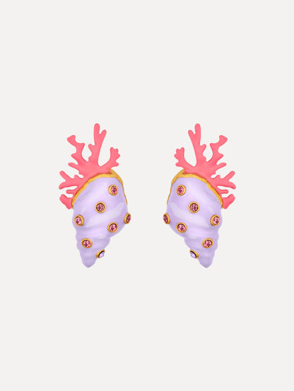 Enamel Seashell and Coral Earrings in the color Lilac Purple with Pink and Gold accents. Sculpted shell and coral forms. Adorned with rhinestones.