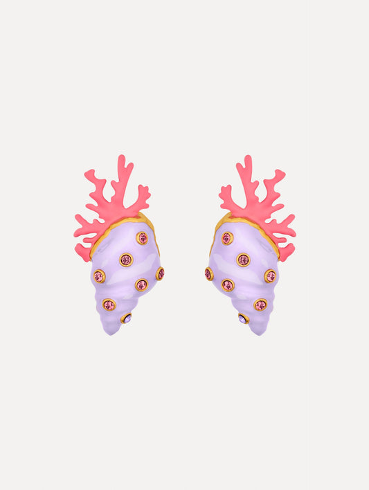 Enamel Seashell and Coral Earrings in the color Lilac Purple with Pink and Gold accents. Sculpted shell and coral forms. Adorned with rhinestones.