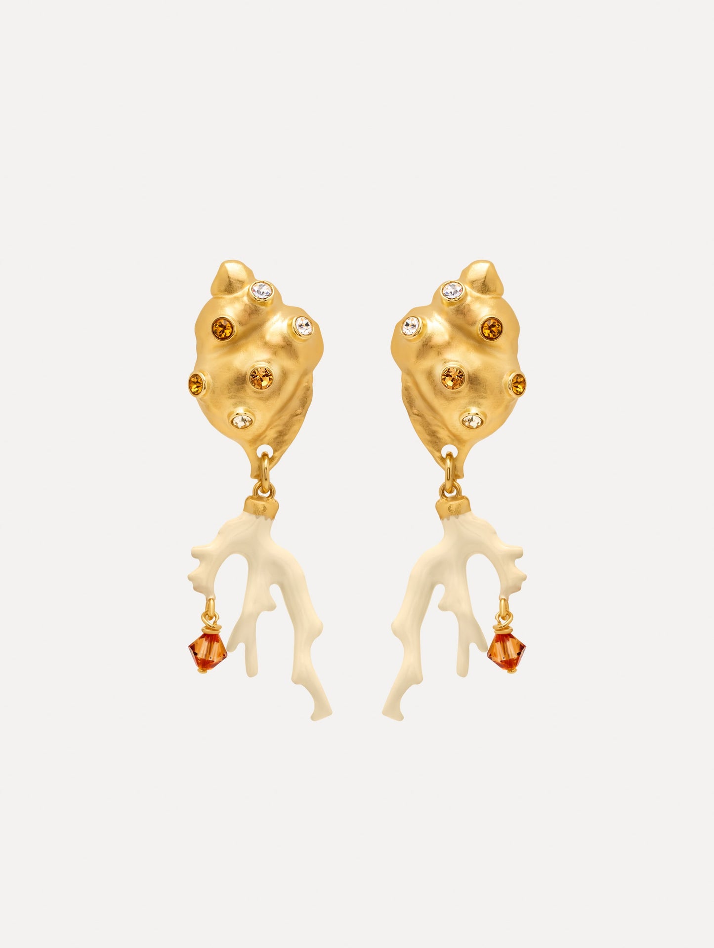 Seashell and Coral Clip-On Earrings with crystal accents and ivory coral-shaped dangles finished with amber crystals. Front View.