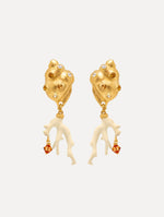 Seashell and Coral Clip-On Earrings with crystal accents and ivory coral-shaped dangles finished with amber crystals. Front View.