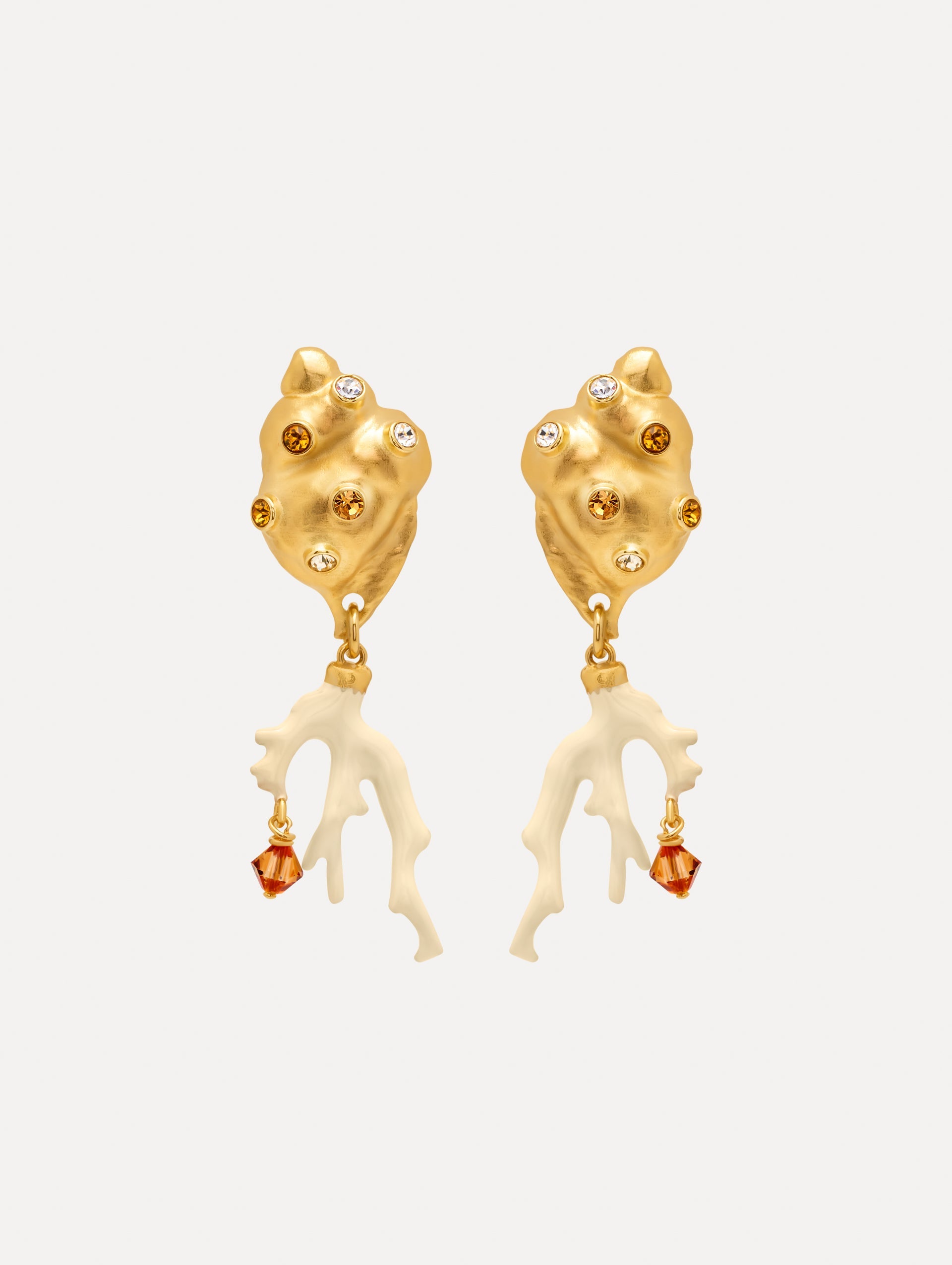 Seashell and Coral Clip-On Earrings with crystal accents and ivory coral-shaped dangles finished with amber crystals. Front View.