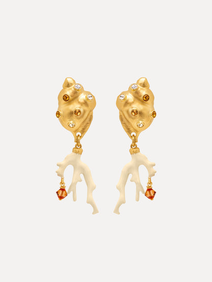 Seashell and Coral Clip-On Earrings with crystal accents and ivory coral-shaped dangles finished with amber crystals. Front View.