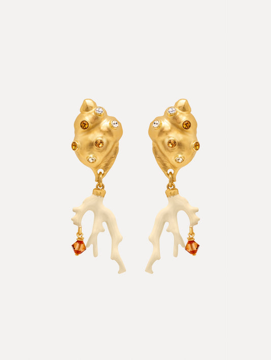 Seashell and Coral Clip-On Earrings with crystal accents and ivory coral-shaped dangles finished with amber crystals. Front View.