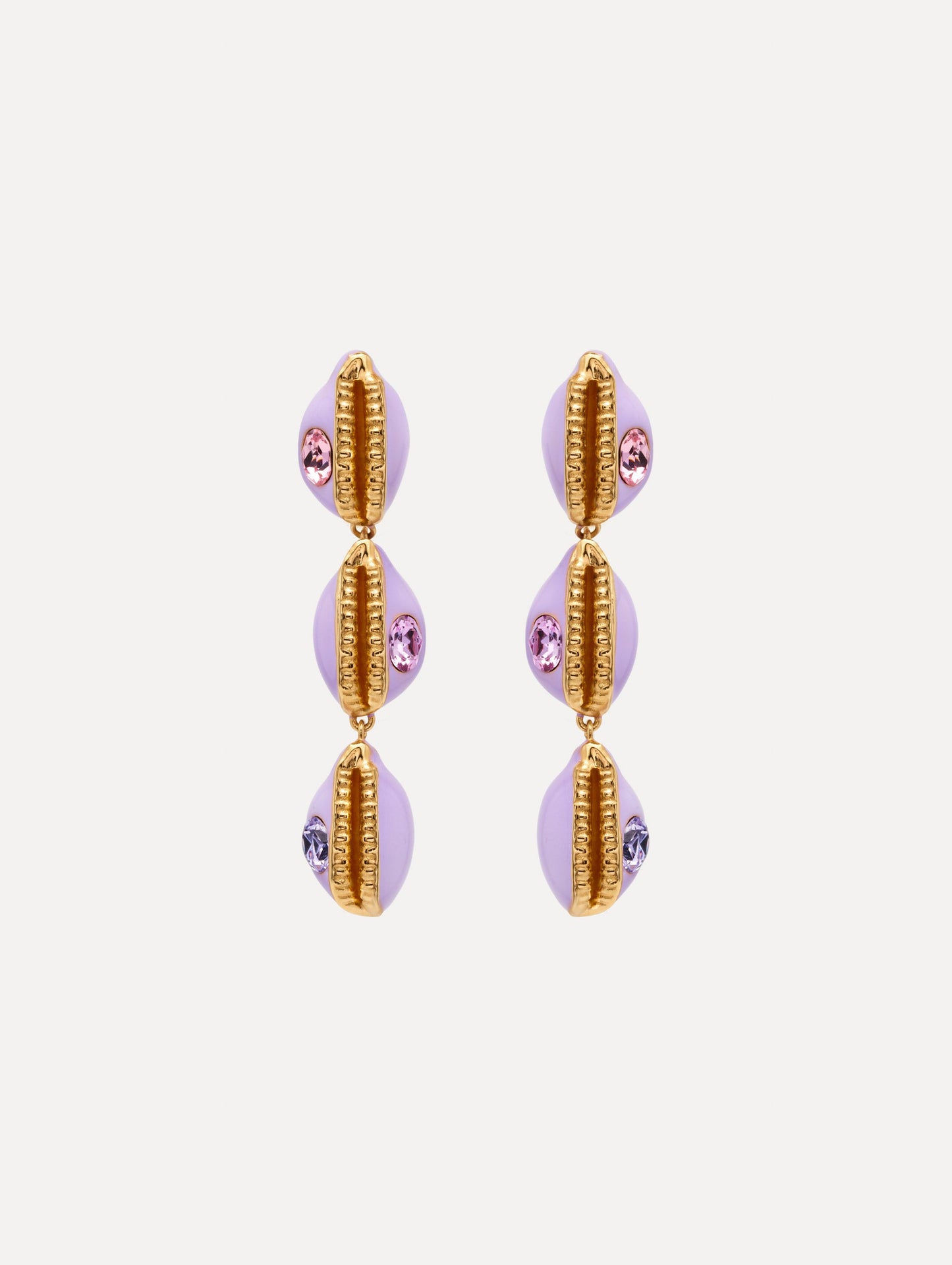 Enamel Cowrie Shell Clip-On Earrings in the color Lilac Purple. Featuring stacked cowrie shells with gold and rhinestone accents.