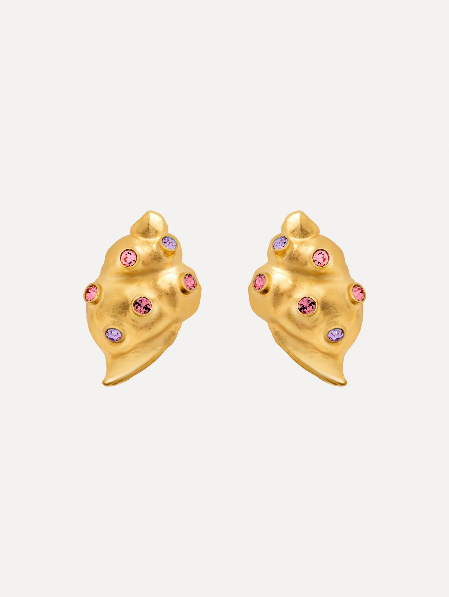 Gold Seashell Earrings with gold and purple gemstones. Side View.