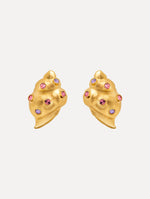Gold Seashell Earrings with gold and purple gemstones. Side View.