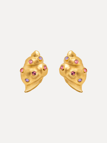 Gold Seashell Earrings with gold and purple gemstones. Side View.