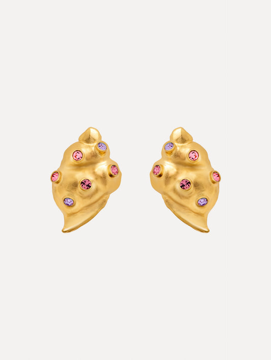 Gold Seashell Earrings with gold and purple gemstones. Side View.
