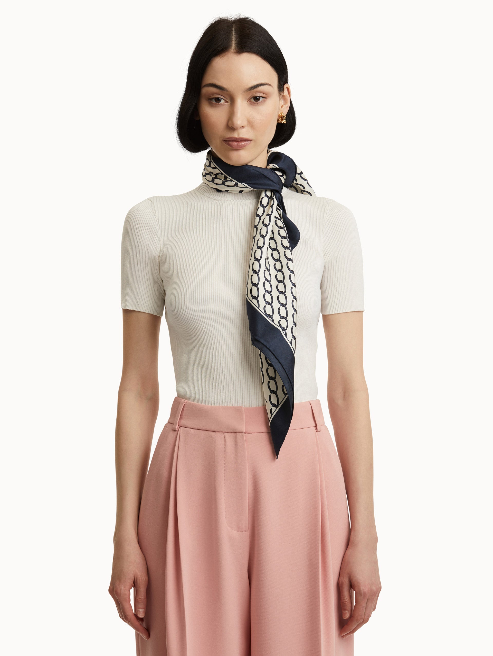 Oscar Chain-Link Silk Scarf in Ivory and Navy Front View
