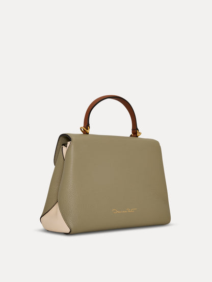 The Poppy Handbag in Sage Green with Brown Top Handle. Side View