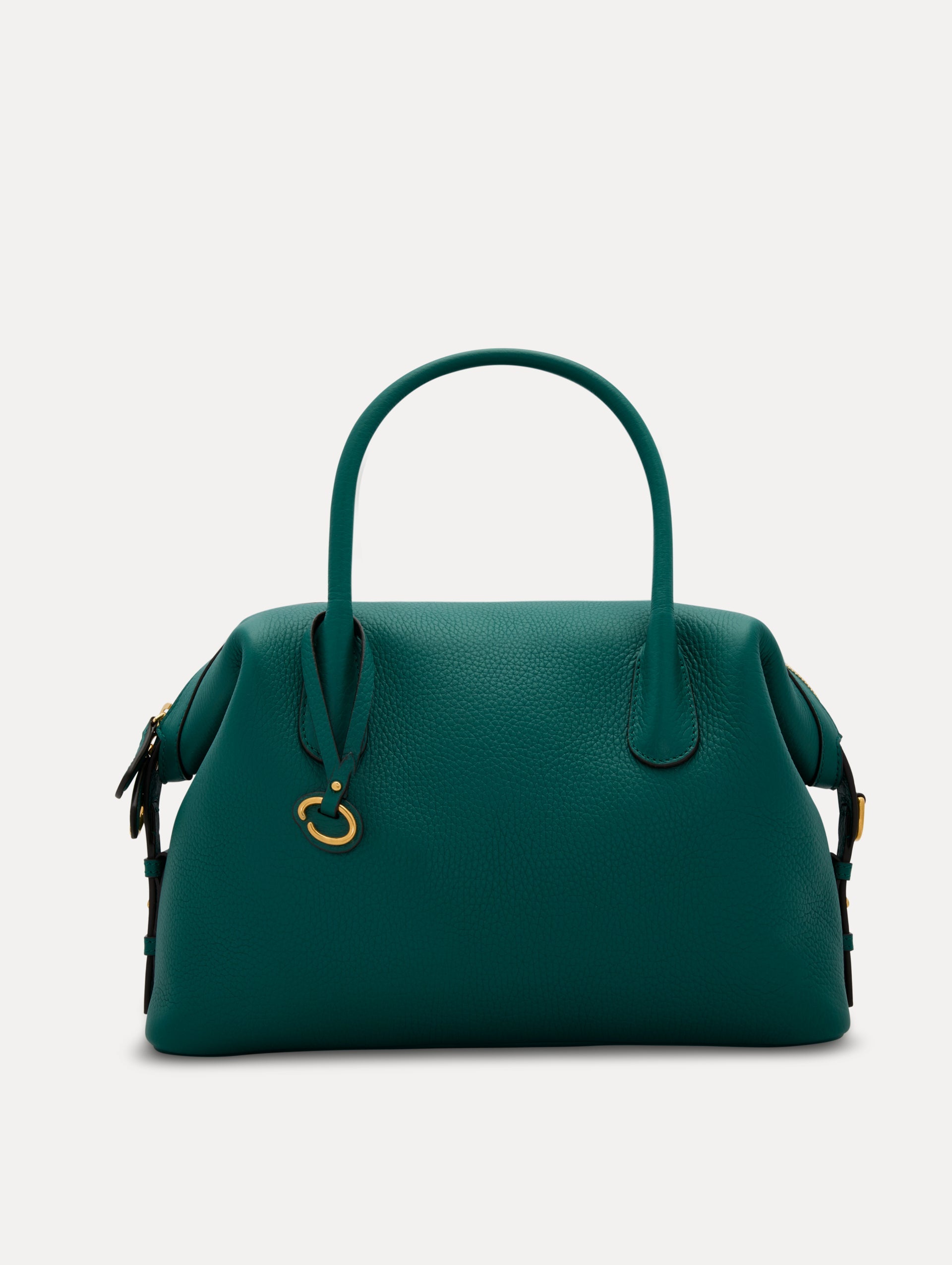 The Dahlia in Juniper Green. This duffle bag has top handles and a removable shoulder strap. Detailed with Oscar de la Renta signature O emblem on the hangtag. Front View