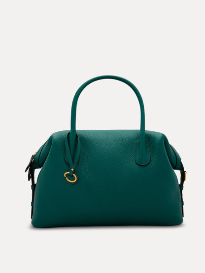 The Dahlia in Juniper Green. This duffle bag has top handles and a removable shoulder strap. Detailed with Oscar de la Renta signature O emblem on the hangtag. Front View