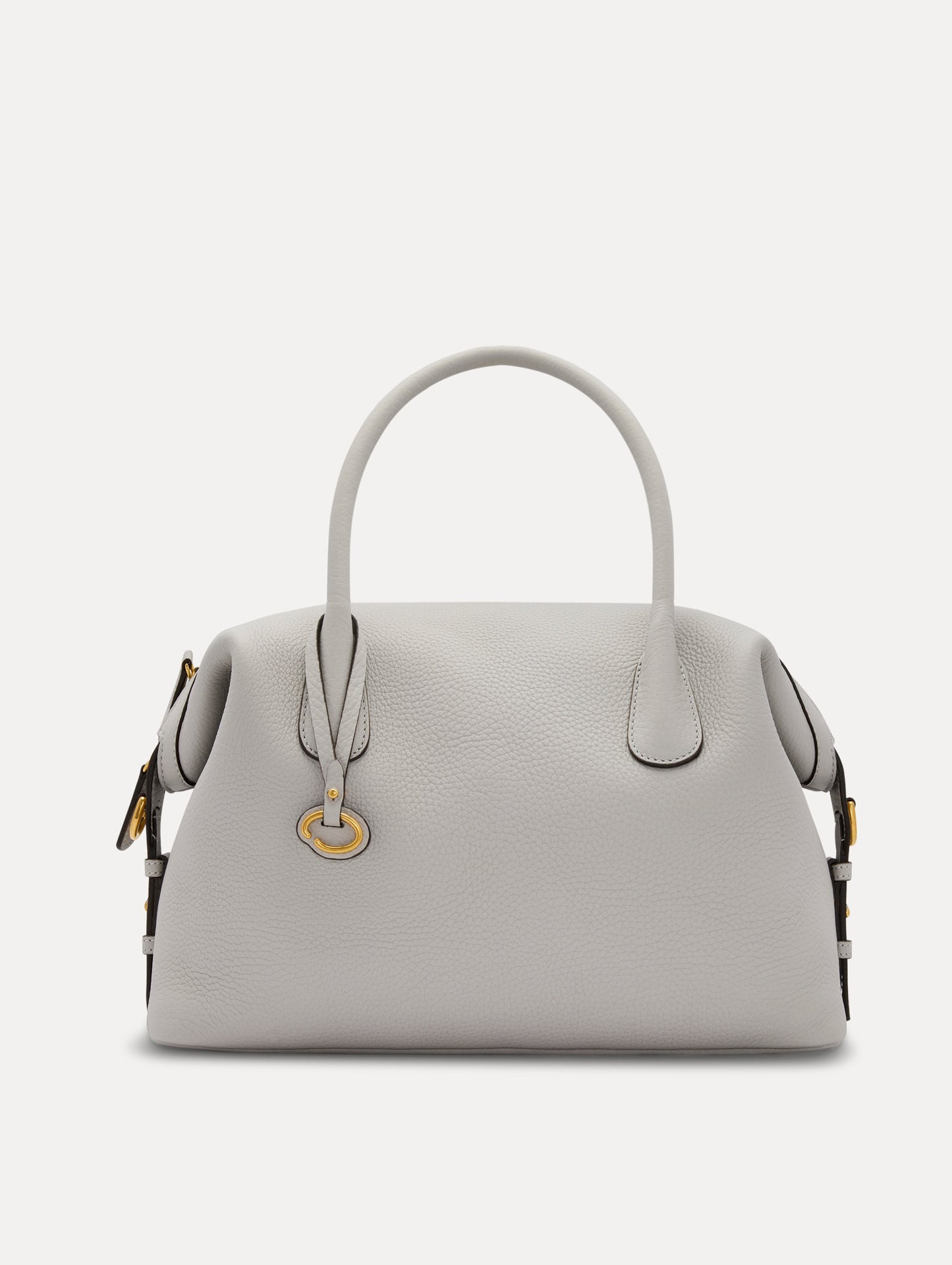 Pearl Grey Large Handbag, with Top Handle, Crossbody Strap, and Oscar logo around the Handle. Front View.