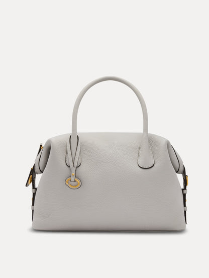 Pearl Grey Large Handbag, with Top Handle, Crossbody Strap, and Oscar logo around the Handle. Front View.