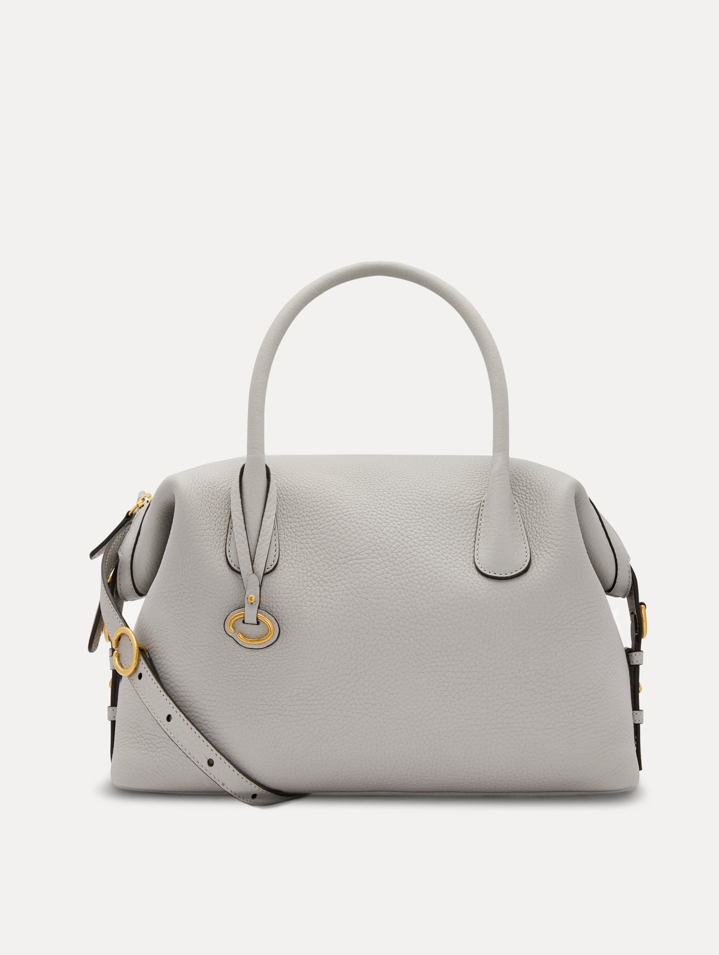 Pearl Grey Large Handbag, with Top Handle, Crossbody Strap, and Oscar logo around the Handle. Front View.