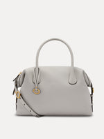 Pearl Grey Large Handbag, with Top Handle, Crossbody Strap, and Oscar logo around the Handle. Front View.
