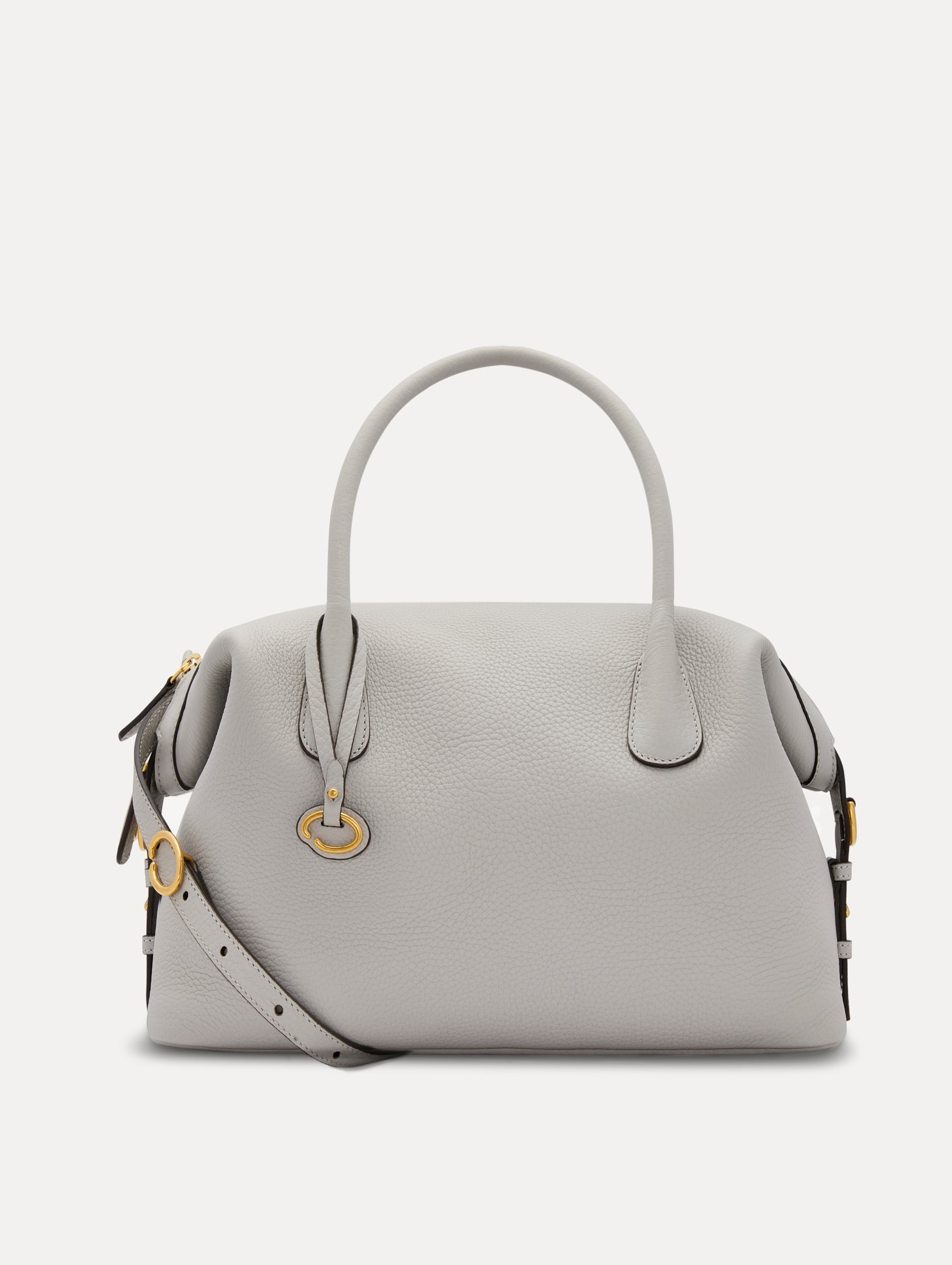 Pearl Grey Large Handbag, with Top Handle, Crossbody Strap, and Oscar logo around the Handle. Front View.