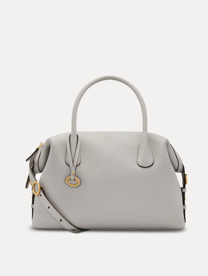 Pearl Grey Large Handbag, with Top Handle, Crossbody Strap, and Oscar logo around the Handle. Front View.