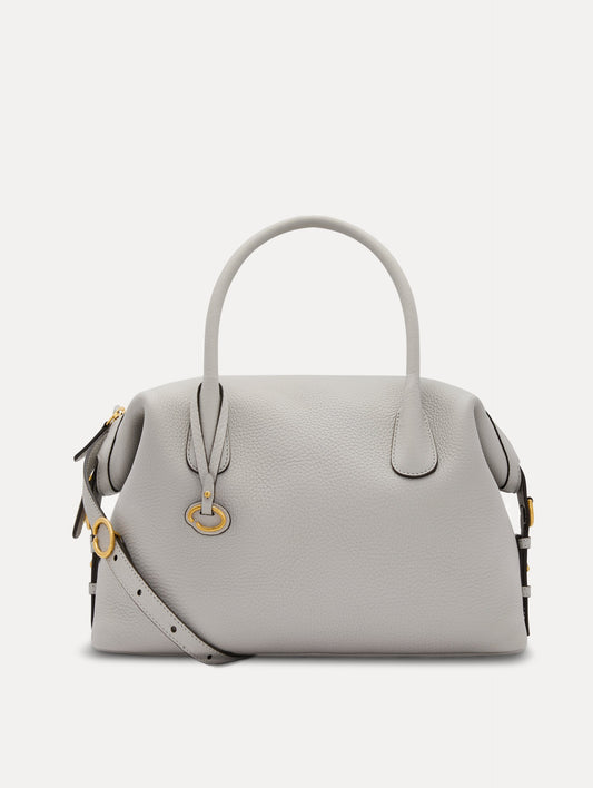 Pearl Grey Large Handbag, with Top Handle, Crossbody Strap, and Oscar logo around the Handle. Front View.